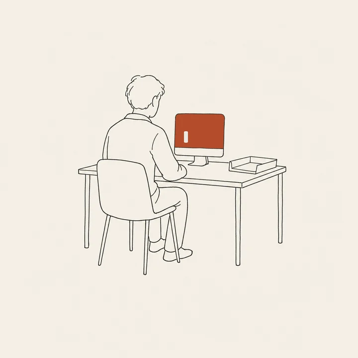 Line drawing of a person at a desk working through one mailbox