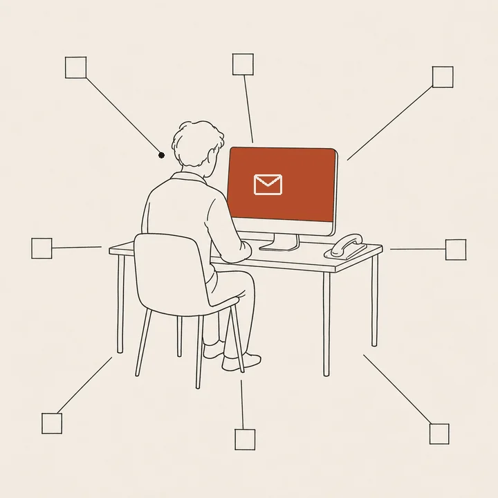 The same person at the same desk, connected to eight systems, with a phone beside the machine