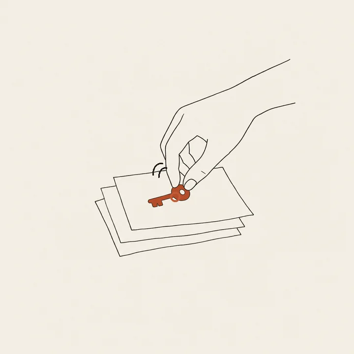 A hand placing a key on a finished stack of paperwork